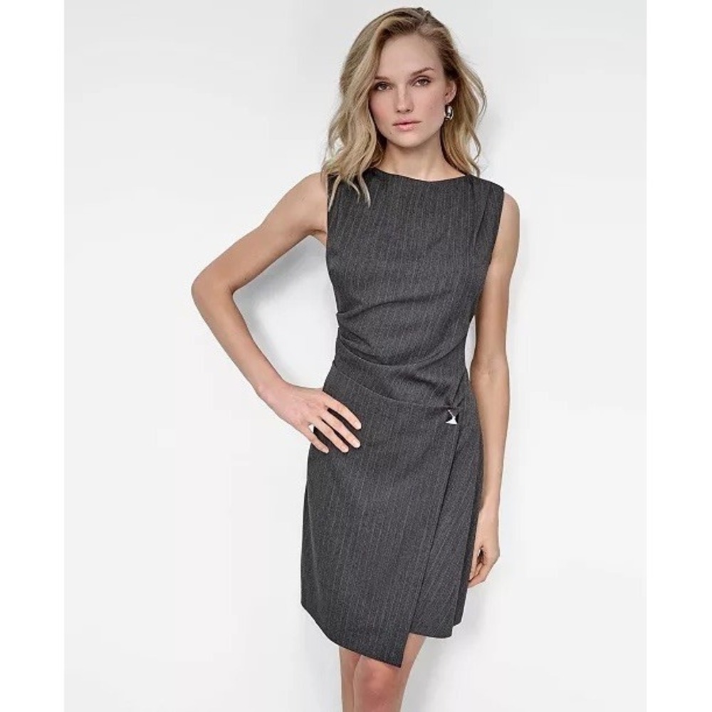 DKNY Sheath Dress Womens Grey Pinstripe Asymmetrical Draped 14 NWOT